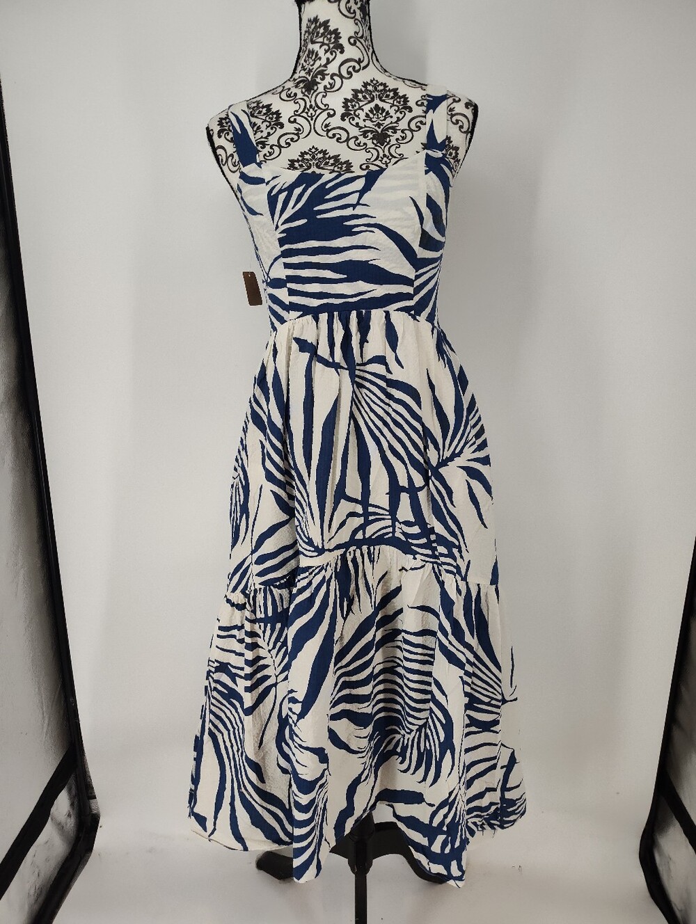 AYR Women's Blue and White Printed Cotton Tiered Maxi Dress Size Small